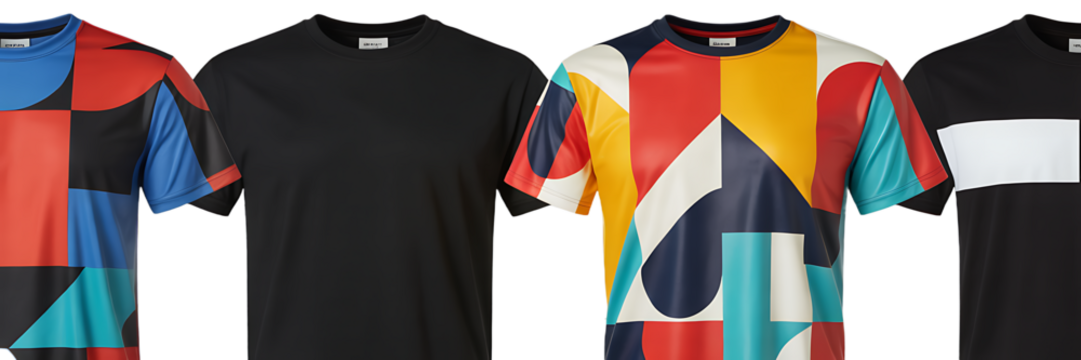 Title: Collection of different modern graphic and plain t-shirts, isolated on transparent background, PNG

