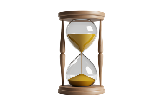 A 3D render of an hourglass with sand flowing, isolated on transparent background, PNG - Powered by Adobe