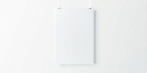 Blank White Poster Hanging from Two Silver Clips on White Wall paper