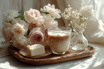 Tea and dessert on wooden tray with light roses, aesthetic tray setup