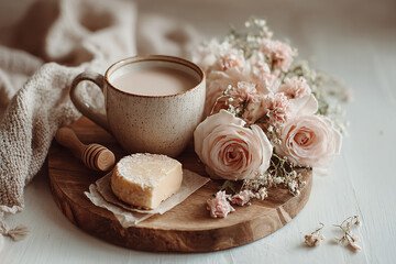 Tea and dessert on wooden tray with light roses, aesthetic tray setup