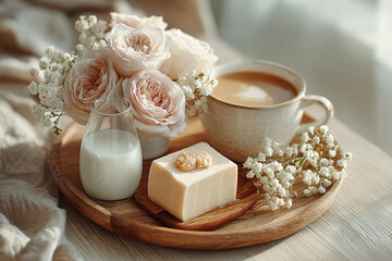 Tea and dessert on wooden tray with light roses, aesthetic tray setup
