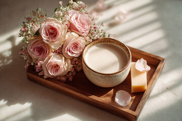 Tea and dessert on wooden tray with light roses, aesthetic tray setup