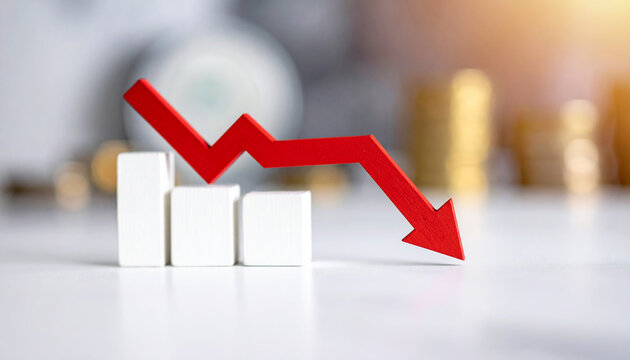 Minimalist white graph with red downward arrow, financial decline and business risk.