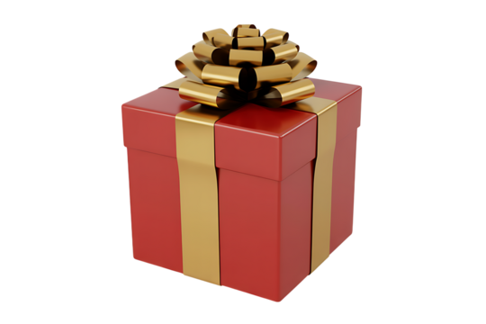 3D render of a red gift box with a golden bow isolated on a transparent background, PNG