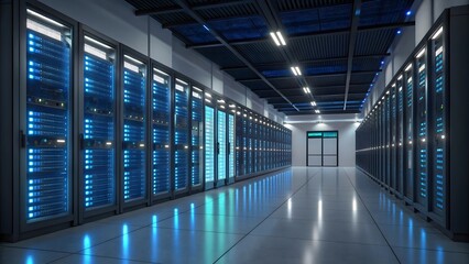 Fototapeta premium Futuristic Server Room with Glowing LED Racks – Data Center Concept