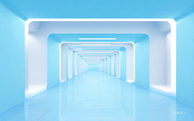 Modern and futuristic blue corridor with bright lights