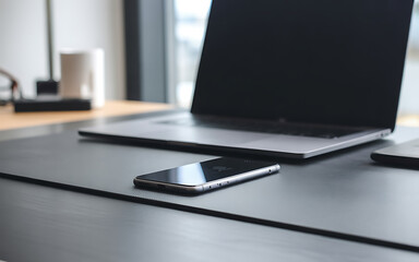 Modern desk setup with laptop and smartphone near window