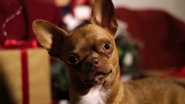 Happy New Year and Merry Christmas. A Chihuahua dog wearing a Santa Claus hat in a house decorated with balloons and sparkling bokeh lights for the New Year. The dog looks directly at the camera.