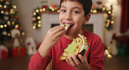 Delighted boy enjoying delicious Christmas pistachio panettone in cozy decorated home with festive lights and holiday cheer