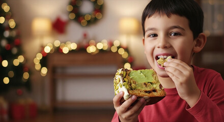 Joyful little boy indulges in delicious Christmas pistachio panettone cake with festive holiday lights twinkling in the background