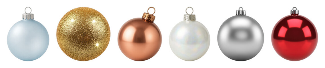 Christmas ornament set including gold glitter, red, silver, rose gold, white, and blue finishes isolated. Festive holiday decoration collection.