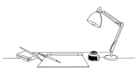 Fototapeta premium Minimalist workspace with lamp, notebook, and ink well in line style