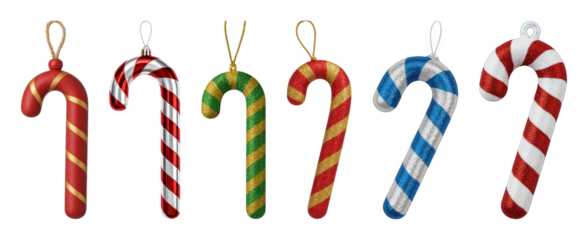 Christmas candy cane ornament set including matte, metallic, and glitter striped variations isolated. Festive holiday decoration collection.