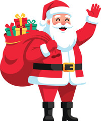 A cheerful Santa Claus waving and smiling while carrying a big red sack filled with Christmas presents and gifts, ready to deliver them to all the good boys and girls.