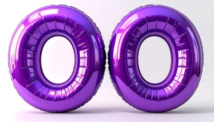 Two large, vibrant purple metallic balloons form the number zero zero.