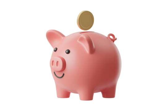 3D render of a piggy bank with a golden coin isolated on transparent background, PNG