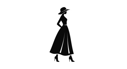 Elegant Silhouette of a Woman in Fashionable Dress and Hat.