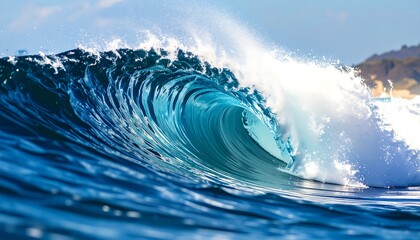 A close-up photograph capturing a powerful, translucent ocean wave cresting under a clear, sunny sky. The wave's form is captured in detail