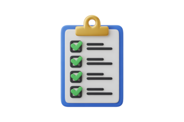 3D render of a blue clipboard with a checklist and green check marks isolated on transparent background, PNG