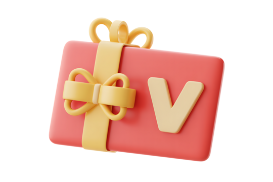 3D render of a red gift card with a yellow bow and ribbon isolated on transparent background, PNG
