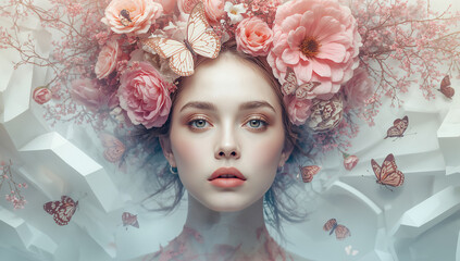 A beautiful girl with flowers in her hair and butterflies flying