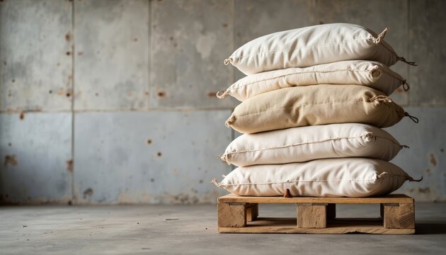 Pile of burlap sacks stacked on wooden pallet against concrete background  