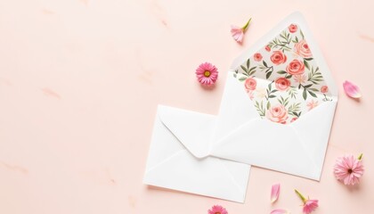 Floral envelope with blank card surrounded by pink flowers  