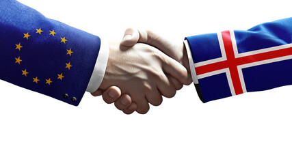 Handshake between European Union and Iceland symbolizing diplomacy, cooperation, trade, and international relations on a black background.
