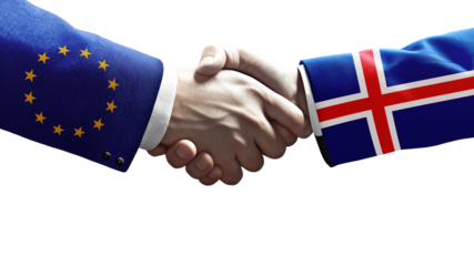 Handshake between European Union and Iceland symbolizing diplomacy, cooperation, trade, and international relations on a black background.