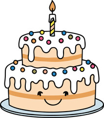 Cartoon smiling birthday cake with white icing, colorfu
