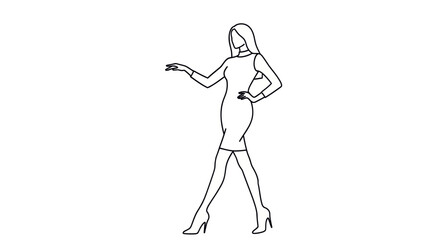 Elegant Woman in Dress: Line Art Illustration of a Stylish Female Figure.