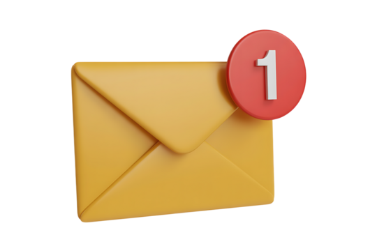An envelope with a red notification icon indicating a new message, isolated on transparent background, png

