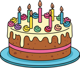 Colorful birthday cake with nine candles, chocolate sponge, white icing, swirl frosting decorations, festive dessert illustration, sweet celebration, cartoon party design