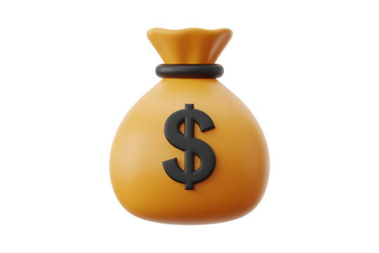 Orange money bag with a black dollar sign on a grey background, isolated on transparent background, png

