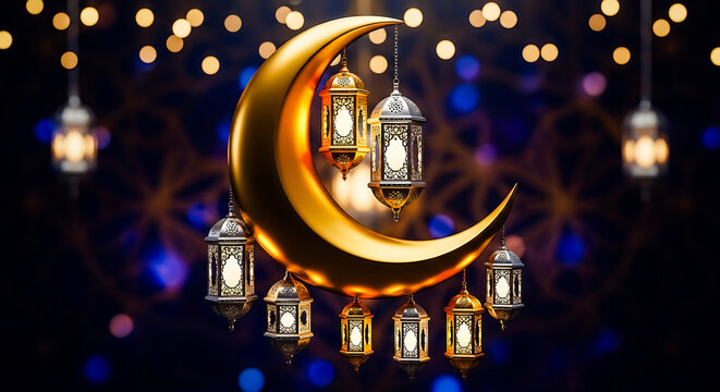 Golden Crescent Moon and Ramadan Lanterns with Bokeh Lights A Festive Celebration of Faith and Light