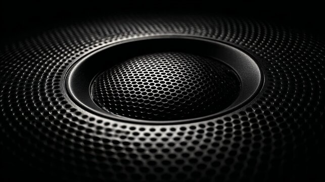 Dynamic close-up of a sleek, modern speaker grille with intricate perforated detail and dramatic lighting