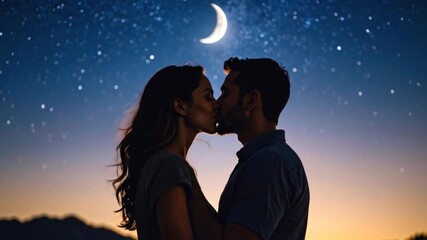 A couple kisses under a crescent moon and starry sky at twilight - Powered by Adobe