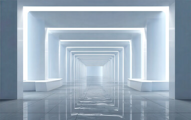 Futuristic corridor with bright lights and reflective floor