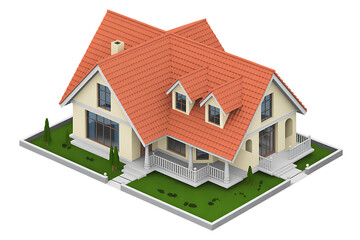 3D illustration of a simple house with a red roof on a grey background, isolated on transparent background, png

