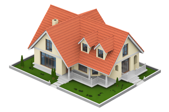 3D illustration of a simple house with a red roof on a grey background, isolated on transparent background, png
- Powered by Adobe