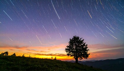 Star trails over a mountain landscape at sunset