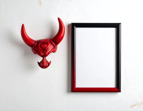 Red devil mask and empty frame on white marble