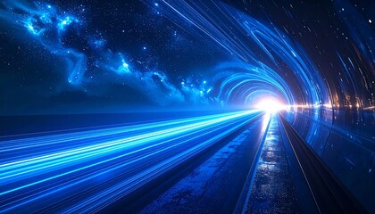 A vibrant depiction of a space-like tunnel with streaks of light and a celestial starry sky at the tunnel's entrance