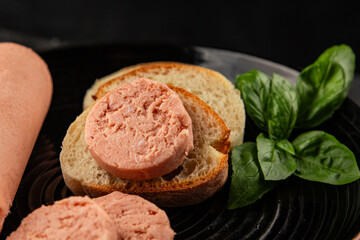 Sausage spread sandwich pork spread natural product tasty snack fresh delicious gourmet food background on the table rustic top view copy space