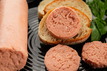 Sausage spread sandwich pork spread natural product tasty snack fresh delicious gourmet food background on the table rustic top view copy space