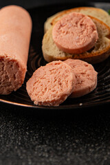 Sausage spread sandwich pork spread natural product tasty snack fresh delicious gourmet food background on the table rustic top view copy space