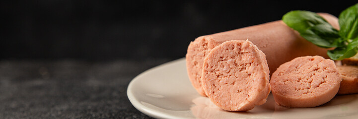 Sausage spread sandwich pork spread natural product tasty snack fresh delicious gourmet food background on the table rustic top view copy space