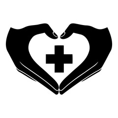 Two hands forming heart shape with medical cross symbol inside  