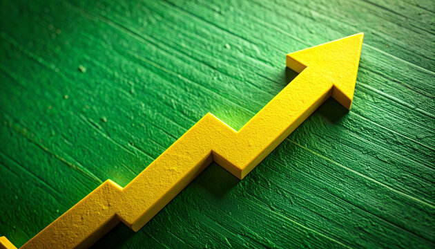 Yellow arrow pointing upward on green textured background, financial growth and business progress